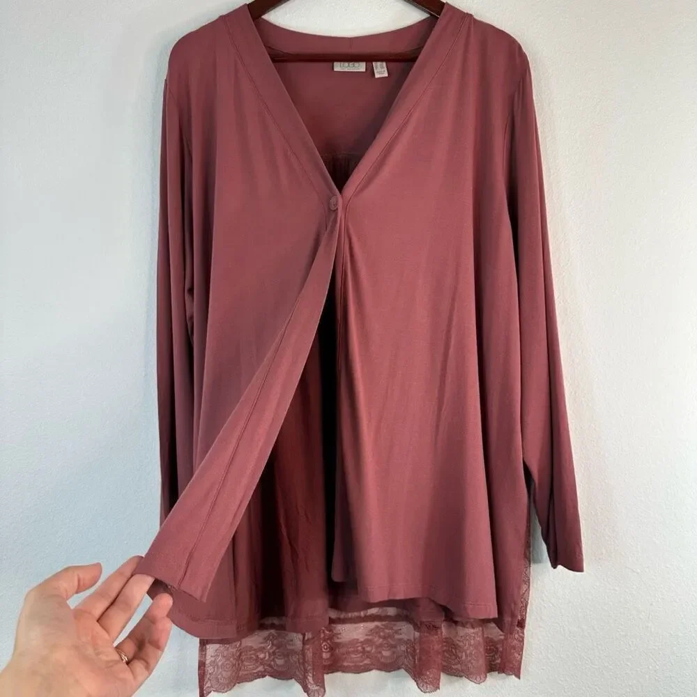 LOGO Lori Goldstein Rose Pink Jersey Cardigan Women’s 1X Mixed‎ Media Lace Back